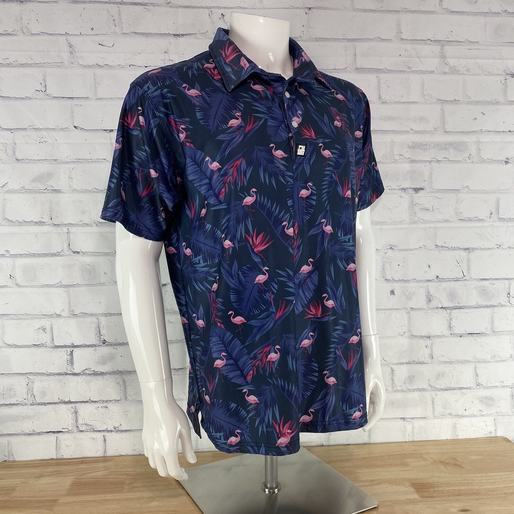Greater Half Shirt Men's Large Polo Short Sleeve GH Shirt Blue Flamingo Hawaiian - Picture 8 of 10